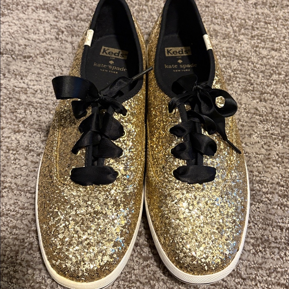 Kate Spade Women's Gold Glitter Sneakers with Black Accents - Picture 2 of 3